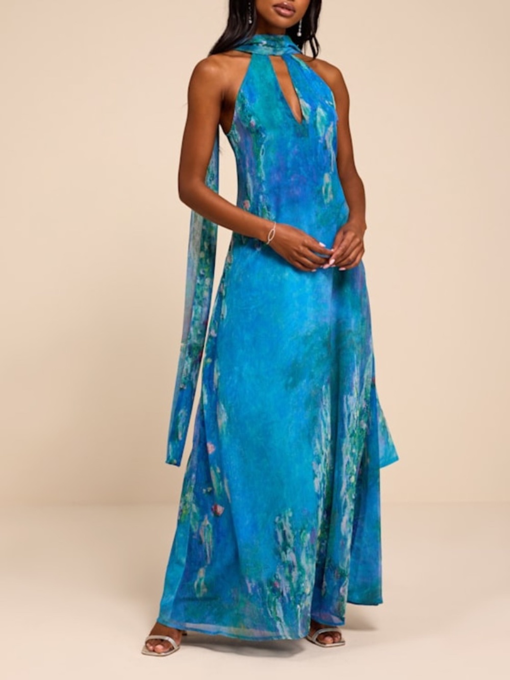 Lulus Calixta Blue Abstract Chiffon Sash Shift Maxi Dress - Size M